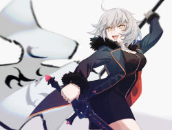 Rule 34 | 1girl, ahoge, bad id, bad pixiv id, black dress, cape, coat, csyday, dress, fate/grand order, fate (series), flag, fur-trimmed cape, fur-trimmed coat, fur trim, grey hair, headpiece, jeanne d&#039;arc (fate), jeanne d&#039;arc alter (fate), jeanne d&#039;arc alter (ver. shinjuku 1999) (fate), official alternate costume, short dress, short hair, sword, weapon, wicked dragon witch ver. shinjuku 1999, yellow eyes