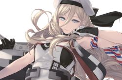 Rule 34 | 1girl, arm up, armpits, bare shoulders, belt, beret, blonde hair, blue eyes, blush, breasts, cannon, dress, floating hair, gloves, hair between eyes, hat, kantai collection, long hair, looking at viewer, medium breasts, mole, mole under eye, mole under mouth, multicolored clothes, multicolored dress, multicolored gloves, multicolored scarf, pom pom (clothes), richelieu (kancolle), rigging, rokuwata tomoe, scarf, simple background, smile, solo, strapless, strapless dress, turret, upper body, yellow eyes