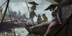 Rule 34 | 4girls, absurdres, bare legs, barefoot, boat, building, feet in water, highres, multiple girls, rain, raincoat, scenery, sitting, standing, thigh strap, town, water, watercraft
