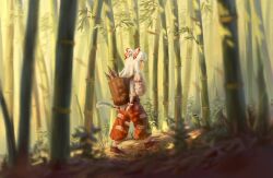 Rule 34 | 1girl, bamboo, bamboo forest, bamboo shoot, basket, bow, closed mouth, commentary request, forest, fujiwara no mokou, hair bow, highres, holding, holding knife, knife, long hair, long sleeves, nature, outdoors, pants, red bow, red footwear, red pants, satellitedragon, shirt, solo, touhou, very long hair, white bow, white shirt, wide shot