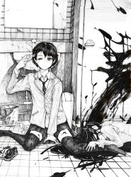 Rule 34 | 2girls, bathroom, between legs, blood, blood on clothes, blood splatter, bucket, closed mouth, cluseller, collared shirt, corpse, faceless, faceless female, faucet, female focus, flat chest, greyscale, gun, gun to head, guro, half-closed eye, hand between legs, hand up, handgun, highres, holding, holding gun, holding weapon, indoors, jacket, long hair, long sleeves, looking at viewer, lying, miniskirt, mirror, monochrome, mop, multiple girls, necktie, on stomach, original, pleated skirt, puddle, revolver, school uniform, shirt, shoes, unworn shoes, short hair, sink, sitting, skirt, solo focus, splatter, suicide, thighhighs, toilet stall, traditional media, trash can, uneven eyes, wariza, weapon, zettai ryouiki