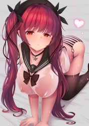 Rule 34 | 1girl, all fours, ass, azur lane, bikini, bikini bottom only, black bow, black bowtie, black ribbon, black thighhighs, blush, bow, bowtie, breasts, choker, closed mouth, collarbone, covered erect nipples, embarrassed, groin, hair ribbon, hat, head tilt, heart, honolulu (azur lane), honolulu (umbrella girl) (azur lane), large breasts, long hair, looking at viewer, nipples, no bra, red eyes, red hair, ribbon, school uniform, serafuku, shirt, skindentation, solo, sparkle, striped bikini, striped bikini bottom, striped clothes, swimsuit, thighhighs, thighs, twintails, wet, wet clothes, wet shirt, yoshiheihe