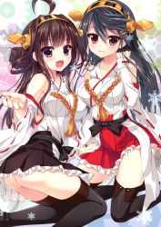 Rule 34 | 10s, 2girls, :d, absurdres, ahoge, ameto yuki, ass, bare shoulders, black hair, boots, breasts, brown hair, detached sleeves, double bun, frilled skirt, frills, hairband, haruna (kancolle), highres, japanese clothes, kantai collection, kongou (kancolle), large breasts, long hair, miniskirt, multiple girls, nontraditional miko, open mouth, parted lips, personification, pleated skirt, purple eyes, ribbon-trimmed sleeves, ribbon trim, skirt, smile, thigh boots, thighhighs, zettai ryouiki