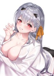 Rule 34 | 1girl, ass, bandaged head, bandages, blush, breasts, claw pose, cleavage, collarbone, goddess of victory: nikke, grey hair, grin, hair ribbon, highres, large breasts, long hair, looking at viewer, lying, modernia (first affection) (nikke), modernia (nikke), off-shoulder shirt, off shoulder, official alternate costume, on stomach, red eyes, ribbon, shirt, sidelocks, smile, solo, twitter username, white shirt, yazuki (n y 0714), yellow ribbon