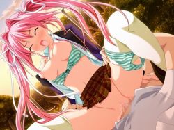 Rule 34 | blush, bra, bra pull, breasts, censored, clothes pull, girl on top, hair ribbon, kodama izayoi, nipples, open clothes, open shirt, panties, panties around leg, pink hair, public indecency, ribbon, school uniform, sex, shirt, stellula eques, striped clothes, striped panties, twintails, underwear, vaginal
