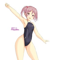 Rule 34 | 1girl, black one-piece swimsuit, breasts, commentary request, competition swimsuit, cowboy shot, hair bobbles, hair ornament, highleg, highleg swimsuit, highres, kantai collection, looking at viewer, montemasa, one-hour drawing challenge, one-piece swimsuit, pink eyes, pink hair, sazanami (kancolle), short hair, simple background, small breasts, smile, solo, swimsuit, twintails, white background