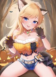 Rule 34 | 1girl, animal, animal ear fluff, animal ears, bare shoulders, bat (animal), bead necklace, beads, blonde hair, blue eyes, blue shorts, blush, breasts, brown choker, brown gloves, choker, cleavage, collarbone, fingerless gloves, gloves, halloween, hands up, idolmaster, idolmaster cinderella girls, idolmaster cinderella girls starlight stage, jewelry, large breasts, long hair, looking at viewer, nail polish, navel, necklace, ohtsuki yui, pumpkin, sakura ran, shirt, shorts, sitting, smile, solo, stomach, tongue, tongue out, torn clothes, torn shirt, wolf ears, yellow nails