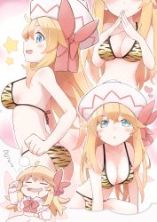 Rule 34 | 1girl, absurdres, animal print, bare arms, bare legs, bare shoulders, bikini, blonde hair, blue eyes, blush, breasts, capelet, cleavage, collarbone, commentary request, commission, dreaming, drooling, closed eyes, fairy, fairy wings, hair between eyes, hat, heart, highres, large breasts, lily white, long hair, long sleeves, mouth drool, multiple views, navel, open mouth, parted lips, shirt, skeb commission, skirt, smile, star (symbol), swimsuit, tiger print, touhou, white capelet, white headwear, white shirt, white skirt, wings, yellow bikini, yutamaro, zzz