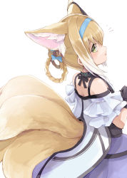 Rule 34 | 1girl, absurdres, animal ear fluff, animal ears, arknights, bare shoulders, black gloves, blonde hair, blue bow, blue hairband, bow, braid, braided hair rings, e-bushi, fox ears, fox girl, fox tail, from side, gloves, green eyes, hair between eyes, hair bow, hair rings, hairband, highres, infection monitor (arknights), kitsune, multicolored hair, notice lines, off-shoulder shirt, off shoulder, parted lips, profile, purple skirt, shirt, simple background, skirt, solo, suzuran (arknights), tail, twin braids, two-tone hair, white background, white hair, white shirt