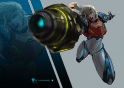 Rule 34 | 1girl, absurdres, aiming, aiming at viewer, arm cannon, armor, blonde hair, blue eyes, glowing, gun, highres, long hair, looking at viewer, metroid, metroid dread, mole, mole under mouth, monster wolf, nintendo, open mouth, ponytail, power armor, power suit, samus aran, science fiction, screaming, simple background, solo, weapon