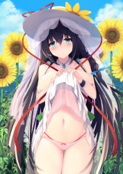 Rule 34 | 1girl, absurdres, black hair, blue eyes, blue sky, blush, breasts, clothes lift, cloud, cowboy shot, day, dress, dress lift, flower, hair ornament, hat, highres, large breasts, lifting own clothes, liya, long hair, looking at viewer, moe2020, navel, original, outdoors, panties, sidelocks, sky, solo, sun hat, sunflower, underwear