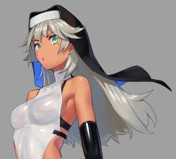 Rule 34 | 1girl, blue eyes, breasts, dark skin, gloves, grey background, habit, impossible clothes, large breasts, latex, latex gloves, long hair, looking at viewer, mole, mole under eye, nun, ohlia, original