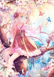 Rule 34 | 1girl, animal ear fluff, animal ears, blonde hair, blue eyes, blue sky, blurry, blurry foreground, blush, bug, building, butterfly, closed mouth, commentary request, day, depth of field, flower, hair between eyes, hair flower, hair ornament, highres, in tree, insect, long hair, long sleeves, looking away, looking to the side, original, outdoors, peas (peas0125), pink flower, puffy long sleeves, puffy sleeves, red flower, red rose, rose, see-through, see-through sleeves, sitting, sitting in tree, sky, smile, solo, tree, very long hair, water, white flower