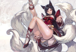 Rule 34 | 1girl, ahri (league of legends), animal ears, aoin, black hair, breasts, covered erect nipples, facial mark, fox ears, fox tail, korean clothes, large breasts, league of legends, leg lift, legs, lips, long hair, medium breasts, multiple tails, naughty face, no panties, pussy, resized, smile, solo, spread pussy, spread pussy under clothes, tail, thighs, uncensored, whisker markings, yellow eyes