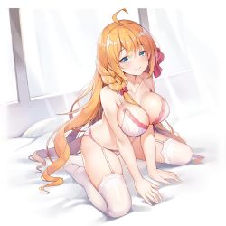 1girl ahoge arm_support ascot blue_eyes bra braid breasts collarbone garter_belt gluteal_fold hair_ribbon highres lace lace_trim large_breasts long_hair looking_at_viewer multicolored_hair on_bed orange_hair panties pecorine_(princess_connect!) pillow pinki_o64 princess_connect! red_ascot red_ribbon ribbon side_braid sitting smile solo streaked_hair thighhighs underwear wariza white_bra white_panties white_thighhighs window