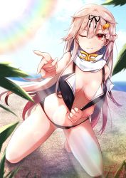 Rule 34 | 1girl, absurdres, adapted costume, artist name, baileys (tranquillity650), bare arms, bare legs, bare shoulders, barefoot, bikini, black bikini, black ribbon, blonde hair, breasts, closed mouth, groin, hair flaps, hair ornament, hair ribbon, hairclip, highres, kantai collection, long hair, medium breasts, navel, one eye closed, red eyes, ribbon, signature, solo, swimsuit, twitter username, yuudachi (kancolle), yuudachi kai ni (kancolle)