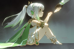 Rule 34 | 2girls, black gloves, detached sleeves, dress, female focus, from side, full body, genshin impact, gloves, green eyes, green hair, hair ornament, highres, long hair, lumine (genshin impact), multicolored hair, multiple girls, nahida (genshin impact), partially fingerless gloves, pointy ears, ponytail, profile, side ponytail, simple background, sitting, solo focus, toeless footwear, white footwear, white hair, xiang wan wei wan