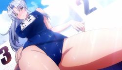 Rule 34 | 1girl, blush, breasts, female focus, from below, highres, kiba mikoto, large breasts, legs, long hair, screencap, solo, spread legs, swimsuit, thick thighs, thighs, triage x, yellow eyes