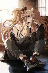 Rule 34 | 1girl, bare shoulders, bear hair ornament, breasts, cleavage, collarbone, criis-chan, crown, danganronpa: trigger happy havoc, danganronpa (series), enoshima junko, hair ornament, indoors, large breasts, long hair, long sleeves, nail polish, necktie, pants, red footwear, red nails, shoes, sitting, smile, solo, twintails, twitter username