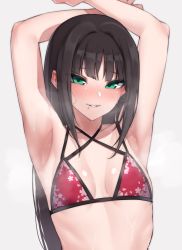 Rule 34 | 1girl, absurdres, armpits, arms up, bare arms, bare shoulders, bikini, black hair, blush, breasts, collarbone, commentary, criss-cross halter, ear blush, floral print, green eyes, grey background, half-closed eyes, halterneck, highres, kurosawa dia, long hair, looking at viewer, love live!, love live! sunshine!!, messy hair, mole, mole under mouth, nasuno (nasuno42), nose blush, parted lips, print bikini, red bikini, seductive smile, sidelocks, simple background, small breasts, smile, solo, steaming body, sweat, swimsuit, upper body, water drop, wet, wet hair