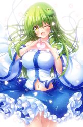 Rule 34 | 1girl, ;d, blue skirt, blush, breasts, commentary request, cowboy shot, detached sleeves, frog hair ornament, green hair, hair between eyes, hair ornament, highres, kochiya sanae, large breasts, long hair, long sleeves, looking at viewer, navel, one eye closed, open mouth, osashin (osada), petticoat, shirt, simple background, skirt, smile, snake hair ornament, solo, standing, thighs, touhou, white background, white shirt, wide sleeves, yellow eyes