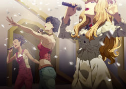 Rule 34 | 3girls, angela carpenter, blonde hair, breasts, brown hair, carole &amp; tuesday, carole stanley, cheese kang, confetti, crop top, denim, dress, closed eyes, hand up, highres, holding, holding microphone, indoors, jeans, long hair, medium breasts, microphone, midriff, multiple girls, music, overalls, pants, short hair, singing, sleeveless, standing, tuesday simmons, white dress