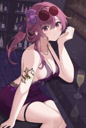 Rule 34 | 1girl, absurdres, arm support, armlet, breasts, cup, dress, drinking glass, eyewear on head, flower, hair flower, hair ornament, highres, honkai: star rail, honkai (series), kafka (honkai: star rail), long hair, looking at viewer, medium breasts, purple dress, purple eyes, purple hair, rererere mon, smile, sunglasses, thigh strap