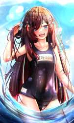 Rule 34 | 1girl, :d, absurdres, black one-piece swimsuit, blue eyes, blue sky, brown hair, commentary request, commission, counter:side, covered navel, hair ribbon, hands in hair, highres, lens flare, long hair, looking at viewer, name tag, navel, old school swimsuit, one-piece swimsuit, open mouth, ribbon, rosaria (counter:side), school swimsuit, sera4, shiny skin, sky, smile, solo, standing, swimsuit, taut clothes, taut swimsuit, teeth, thighs, upper teeth only, very long hair, wading, wet