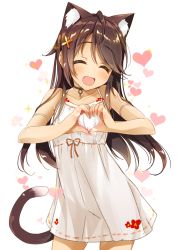 Rule 34 | 1girl, ^ ^, animal ears, blush, breasts, brown hair, cat ears, cat girl, cat tail, choker, closed eyes, cowboy shot, dress, closed eyes, fang, garter belt, hair ornament, heart, heart hands, highres, long hair, looking at viewer, open mouth, original, see-through, simple background, small breasts, smile, solo, tail, thighhighs, white background, white dress, white thighhighs, yanagi yuu