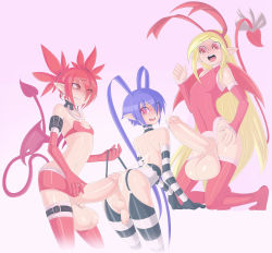 Rule 34 | 1boy, 2girls, bottomless, breasts, cum, demon girl, disgaea, ejaculation, erection, etna (disgaea), flonne, flonne (fallen angel), futa with male, futanari, highres, huge penis, huge testicles, imminent anal, imminent penetration, kemonomimi mode, laharl, multiple girls, necrosmos, newhalf, penis, pointy ears, small breasts, tail, testicles, thighhighs, trap, uncensored