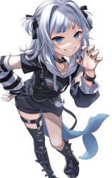 Rule 34 | 1girl, absurdres, alternate costume, alternate hair ornament, asymmetrical clothes, black collar, black footwear, black nails, black ribbon, bloop (gawr gura), blue eyes, blue hair, boots, chain, collar, collarbone, commentary, detached sleeves, eto sister, fins, fish tail, fishnets, gawr gura, goth fashion, grin, hair intakes, hair ribbon, hand on own hip, highres, hololive, hololive english, jewelry, knee boots, leaning forward, long hair, looking at viewer, nail polish, necklace, platform boots, platform footwear, ribbon, sharp teeth, silver hair, simple background, single thighhigh, smile, solo, tail, teeth, thighhighs, thighs, torn clothes, torn thighhighs, two side up, virtual youtuber, white background