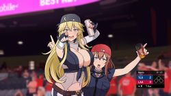 Rule 34 | 2girls, backwards hat, baseball cap, belt, blonde hair, blue eyes, blue hat, blush, breasts, brown hair, can, cleavage, commentary request, drink can, fingerless gloves, gloves, groin, hair between eyes, hat, highres, hip focus, iowa (kancolle), kantai collection, large breasts, long hair, major league baseball, multiple girls, photo-referenced, pointing, pointing at viewer, red hat, saratoga (kancolle), soda can, symbol-shaped pupils, takaman (gaffe)