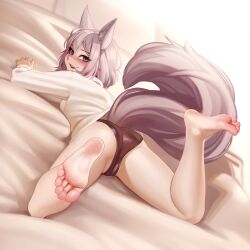 Rule 34 | 1girl, :d, animal ear fluff, animal ears, ass, bare legs, barefoot, bed sheet, black panties, blue eyes, cameltoe, commentary, english commentary, eyes visible through hair, feet, feet up, from behind, grey hair, hair between eyes, highres, indoors, kairunoburogu, long sleeves, looking at viewer, looking back, lying, no pants, on back, on bed, open mouth, original, panties, shirt, short hair, smile, soles, solo, tail, toes, underwear, white shirt