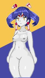 Rule 34 | 1girl, antennae, breasts, calamity33, closed mouth, collarbone, completely nude, cowboy shot, earrings, expressionless, facial mark, female focus, forehead mark, grandia, grandia ii, jewelry, multicolored background, navel, nipples, no pussy, nude, purple background, purple hair, short hair, small breasts, solo, thighs, tio (grandia), yellow background, yellow eyes