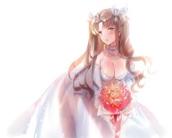 Rule 34 | 1girl, :o, alternate costume, asymmetrical legwear, bent over, black panties, black thighhighs, blush, bouquet, breasts, cherinova, cleavage, cowboy shot, dress, fate/stay night, fate (series), flower, gloves, green eyes, hair ribbon, highres, holding, holding bouquet, large breasts, long hair, looking at viewer, mismatched legwear, panties, parted bangs, red flower, red ribbon, ribbon, see-through, simple background, sketch, sleeveless, solo, thighhighs, tohsaka rin, two side up, underwear, white background, white dress, white gloves, white ribbon, white thighhighs