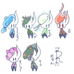 Rule 34 | 6+others, alternate form, black eyes, black skin, blank eyes, blue cloak, blush, blush stickers, broken vessel (hollow knight), cloak, colored skin, electricity, fire, full body, green cloak, hair tie, hollow knight, japanese text, multiple others, mushroom, pink cloak, pink gemstone, plant, red cloak, red eyes, sakana 2-gou, simple background, sketch, solid oval eyes, standing, thorns, translation request, vines, white background