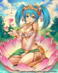 Rule 34 | 1girl, anklet, aqua eyes, aqua hair, armlet, bare shoulders, barefoot, between legs, breasts, bridal gauntlets, character request, choker, cleavage, cloud, crown, earrings, hand between legs, jewelry, kneeling, looking at viewer, lots of jewelry, midriff, nature, navel, necklace, petals, seikon no arcana, seiza, shigatake, short hair, sitting, sky, smile, solo, twintails