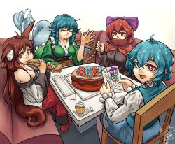 Rule 34 | + +, 4girls, absurdres, ahoge, animal ears, black shirt, blue eyes, blue hair, blue skirt, blue tail, blue vest, bow, breasts, bright pupils, brown hair, cake, chair, cleavage, cloak, closed eyes, closed mouth, commentary, couch, cupcake, dated, drill hair, drill sidelocks, eating, english commentary, fins, food, fork, frilled kimono, frills, grass root youkai network, green kimono, hair bow, head fins, heterochromia, highres, hippppodraw, holding, holding fork, imaizumi kagerou, japanese clothes, juliet sleeves, kimono, large breasts, long hair, long sleeves, looking at viewer, mermaid, milestone celebration, monster girl, multiple girls, puffy sleeves, purple bow, red eyes, red hair, sandwich, sash, sekibanki, shirt, short hair, sidelocks, signature, sitting, skirt, tatara kogasa, touhou, vest, wakasagihime, white pupils, wolf ears, wolf girl