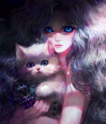 Rule 34 | 1girl, animal, artist name, blue eyes, cat, closed mouth, commentary request, english text, han seung hee, holding, holding animal, korean commentary, lips, long hair, looking at viewer, mechanical legs, mechanical paw, mixed-language commentary, original, partial commentary, pink lips, serious, shaded face, single mechanical leg, solo, veins, wavy hair, white cat