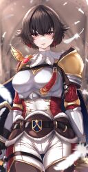Rule 34 | 1girl, absurdres, armor, belt, breastplate, breasts, brown hair, cape, earrings, endo yohane, feathers, fiorayne (monster hunter), gauntlets, highres, jewelry, large breasts, monster hunter (series), monster hunter rise, pants, red eyes, shield, sword, weapon, white pants