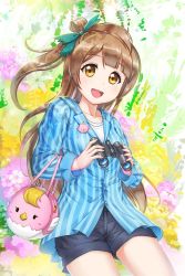 Rule 34 | 1girl, :d, animal bag, aqua bow, badge, bag, binoculars, black shorts, blue shirt, bow, brown hair, button badge, commentary request, crazypen, floral background, hair bow, handbag, highres, holding, holding binoculars, long hair, long sleeves, looking at viewer, love live!, love live! school idol project, minami kotori, one side up, open mouth, shirt, short shorts, shorts, smile, solo, striped clothes, striped shirt, teeth, upper teeth only, vertical-striped clothes, vertical-striped shirt, yellow eyes