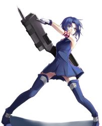 Rule 34 | 00s, 1girl, bare shoulders, blue eyes, blue hair, boots, ciel (tsukihime), clenched teeth, dress, full body, gloves, highres, huge weapon, kauto, matching hair/eyes, pile bunker, powered ciel, seventh holy scripture, short hair, simple background, sleeveless, sleeveless dress, solo, tattoo, teeth, thigh boots, thighhighs, tsukihime, weapon