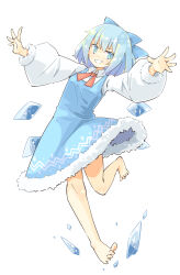 Rule 34 | 1girl, arnest, bare legs, barefoot, blue bow, blue dress, blue eyes, blue hair, bow, cirno, collared shirt, commentary request, detached wings, dress, full body, fur-trimmed dress, fur-trimmed sleeves, fur trim, hair bow, highres, ice, ice wings, long sleeves, looking at viewer, no shoes, open mouth, pinafore dress, puffy long sleeves, puffy sleeves, red ribbon, ribbon, shirt, short hair, sleeveless, sleeveless dress, smile, touhou, white shirt, wings