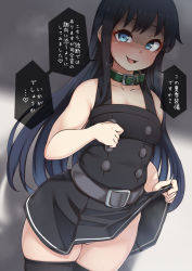 Rule 34 | 1girl, asashio (kancolle), asashio kai ni (kancolle), black dress, black hair, black thighhighs, blue eyes, clothes lift, collar, collarbone, commentary request, dress, dress lift, flat chest, heart, highres, kantai collection, konoshige (ryuun), lifted by self, long hair, no panties, pinafore dress, shaded face, skindentation, sleeveless, sleeveless dress, solo, speech bubble, spoken heart, thighhighs, thighs, translation request
