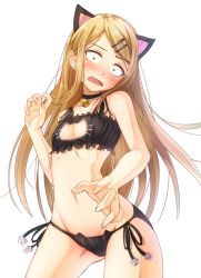 Rule 34 | 10s, 1girl, animal ears, bell, neck bell, black bra, black panties, blonde hair, blush, bra, breasts, brown eyes, cat cutout, cat ear panties, cat ears, cat lingerie, choker, cleavage, cleavage cutout, clothing cutout, dagashi kashi, earrings, endou saya, fangs, hair ornament, hairclip, jewelry, jingle bell, long hair, looking at viewer, matokechi, meme attire, navel, open mouth, panties, sanpaku, side-tie panties, simple background, small breasts, solo, underwear, underwear only, white background