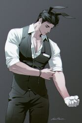 Rule 34 | 1boy, adjusting clothes, adjusting sleeves, animal ears, black hair, black pants, black vest, bracelet, closed mouth, collared shirt, copyright request, cowboy shot, dress shirt, gloves, grey background, hair slicked back, hand up, highres, jewelry, juneseo, looking down, male focus, pants, pectoral cleavage, pectorals, rabbit ears, shirt, short hair, simple background, sleeves rolled up, solo, toned, toned male, vest, white gloves, white shirt