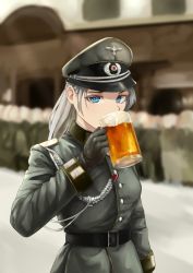 Rule 34 | 1girl, aiguillette, alcohol, artist request, beer, beer mug, belt, black gloves, blue eyes, blue hair, braid, buttons, cowboy shot, cup, drinking, epaulettes, french braid, gloves, grey hair, hat, highres, long hair, looking at viewer, military, military uniform, mug, nazi, original, peaked cap, photo-referenced, uniform, velminth, wehrmacht