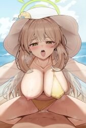 Rule 34 | 1boy, 1girl, absurdres, beach, bikini, bikini bottom aside, blue archive, blush, breasts, cleavage, clothing aside, collarbone, cum, day, green eyes, green halo, halo, hat, hetero, highres, jacket, large breasts, light brown hair, long hair, nipples, nonomi (blue archive), nonomi (swimsuit) (blue archive), ocean, official alternate costume, open clothes, open jacket, open mouth, outdoors, rank alee, see-through, see-through jacket, sex, sun hat, swimsuit, tongue, tongue out, vaginal, white headwear, yellow bikini