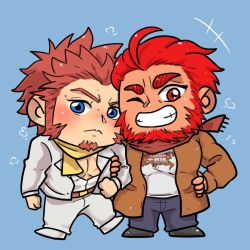 Rule 34 | 2boys, alternate costume, atis (barareiner), bara, beard, belt, blue eyes, blush, brown belt, brown coat, brown hair, chibi, coat, commission, couple, cross scar, denim, facial hair, fate/grand order, fate (series), formal, full body, goatee, heads together, iskandar (fate), jacket, jeans, ladies &amp; gentlemen (fate/grand order), locked arms, long sideburns, male focus, mature male, multiple boys, muscular, muscular male, napoleon bonaparte (fate), one eye closed, pants, pectoral cleavage, pectorals, red eyes, red hair, red scarf, scar, scar on chest, scarf, second-party source, shirt, short hair, sideburns, smile, suit, t-shirt, white jacket, white shirt, yaoi, yellow scarf