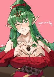 1girl 4-finger_heart_hands alternate_costume bare_shoulders blush box box_of_chocolates breasts candy chocolate chocolate_heart chocolate_on_body chocolate_on_breasts cleavage collarbone fire_emblem fire_emblem_awakening food food_on_body green_eyes green_hair hair_ribbon heart heart-shaped_food heart_hands highres large_breasts long_hair looking_at_viewer nintendo one_eye_closed pink_background pointy_ears red_ribbon red_sweater ribbed_sweater ribbon sakuremi smile solo sweater tiara tiki_(adult)_(fire_emblem) tiki_(fire_emblem) valentine very_long_hair